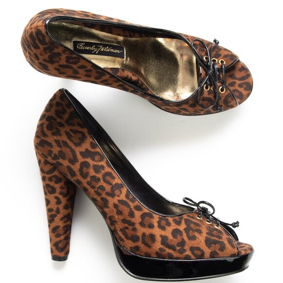 Beverly Feldman Play Along Heels Peep Toe Leopard Print Shoes Brown Black Size 8 - Picture 1 of 8